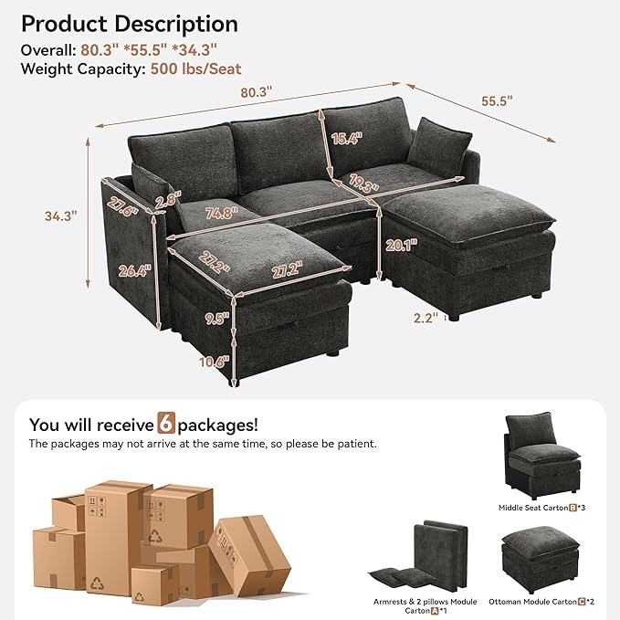 80" Cloud Modular 3 Seater Sofa with 2 Storage Ottoman, Modern Storage Sofa Couch Deep Seat, U Shape Sectional Sofa Chenille Comfy Couch with Armrests for Living Room, Small Space, Dark Grey | Modular Sofa, Storage Ottoman, Upholstered Sofa, Sectional ...
