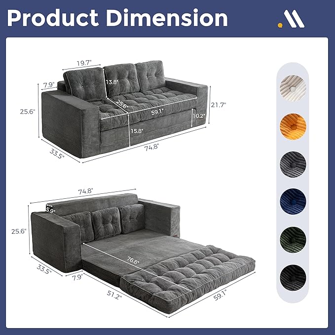 MAXYOYO Convertible Sofa Bed, Pull Out Oversized Loveseat Sleeper Sofa, 2 in 1 Folding Couch Bed, Fold Out Floor Couch with Pillows for Living Room Bedroom Lounge, Dark Grey