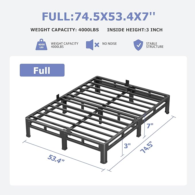 NKZ 7 Inch Full Size Bed Frame, Metal Bed Frame & Box Spring 2 in 1 Platform with Round Corner Legs, 4000Lbs Heavy Duty Low-Profile Frame, Mattress Slide Stopper, Noise-Free, Easy Assembly