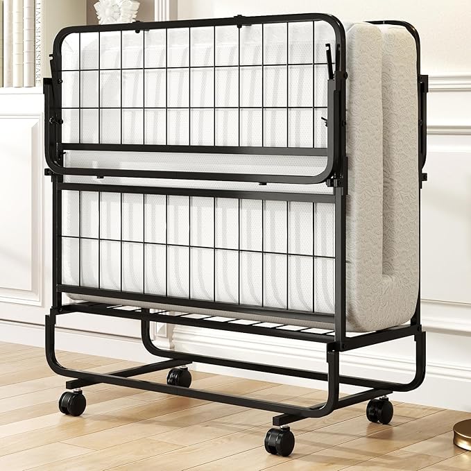 Giantex Folding Bed with Mattress for Adults, Twin Size Rollaway Beds for Guest, Space Saving Portable Foldable Bed w/Memory Foam Mattress & Metal Frame for Easy Storage, 75"x 38"