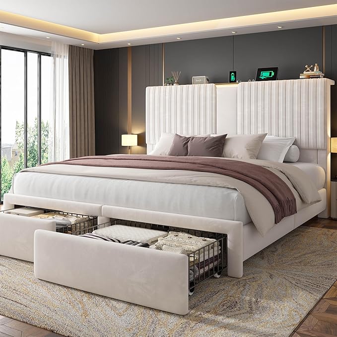 Homkdom King Size Bed Frame with Velvet Storage Headboard, 2 Large Drawers & 3 Charging Ports, 51.3" Tall King Bed Frame, Sturdy Wood Slats, No Box Spring Needed, Beige