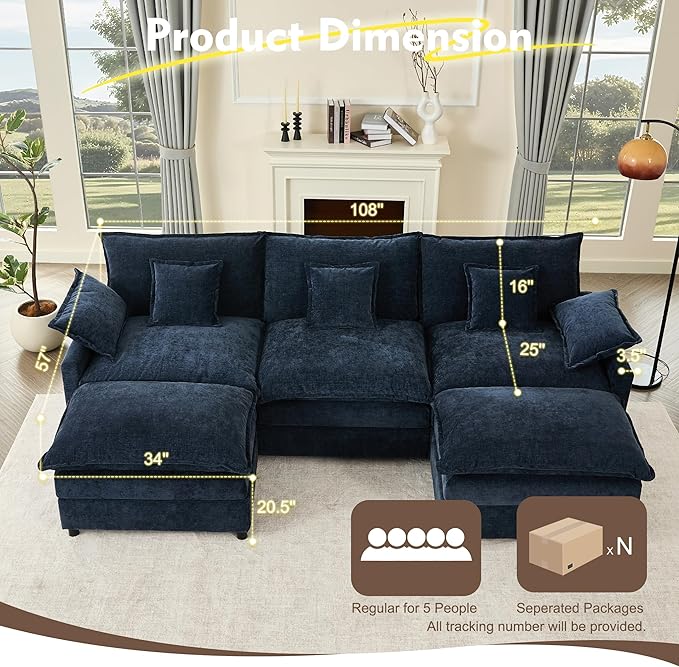 108" U Shaped Couch, Modular Sectional Sofa, 3-Seater Comfy Cloud Couch, Set of Modular Pieces with Movable Ottoman, Deep Seat Couches for Living Room, Chenille, Navy