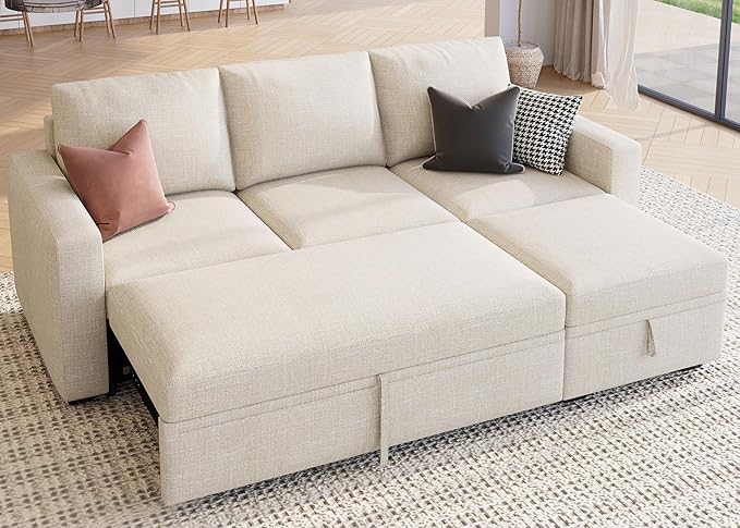 HONBAY Modular Sectional Sleeper Sofa with Pull Out Bed, L Shaped Couch with Storage Seat, Modular Sectional Couches for Living Room - Beige
