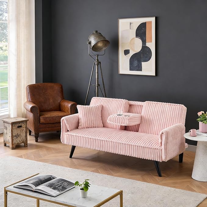 72” Convertible Sofa Bed with Foldable Cup Holder,Straight-line Corduroy Sofa,Suitable for Living Room,Bedroom,Office,Pink