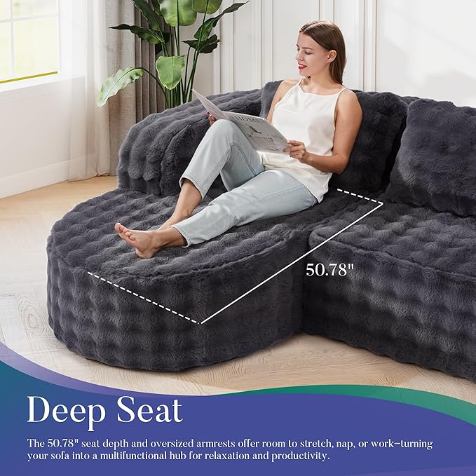 Hobestluk 96" Cloud Sectional Couch Modern Boneless Couch 3 Seater with Oversized Chaise L Shaped Modular Sofa Couches for Living Room Apartment No Assembly Required (Bubble Grey, Left Facing Chaise)