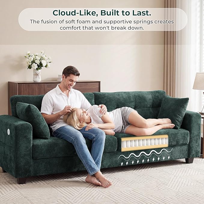 87" Loveseat Sofa for Living Room, Modern Chenille Cloud Couch with USB/Type-C Charging Ports, Side Pockets, Removable Cover, Wide Armrests, Small Couch for Small Space, Easy Assembly, Green