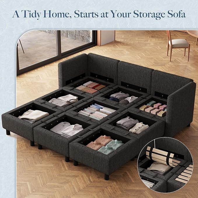 Belffin 84.3" 9 Seats Sleeper Sofa Modular Sectional Sofa Washable Sectional Couches for Living Room Comfy Couches with Storage Seat Couch Sofas with Chaise,Dark Grey