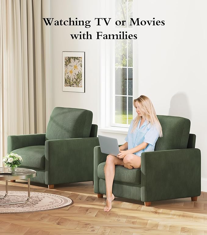 Kidirect 35.5in Corduroy Sofa Accent Chair, Tool-Free Setup Living Room Couch Accent Chairs, Reading Chair for Bedroom 22.5in Extra Deep Seats, Comfy Arm Chairs for Office, All-Wood Reading Nook Green