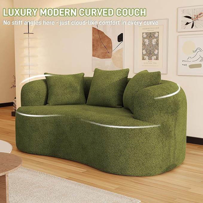 69" Curved Loveseat Sofa for Living Room, Modern Chenille Love Seat Cloud Couch, Luxury Plush Extra Deep Oversized Sofa for Small Spaces, Bedroom, Apartment‌, No Assembly Required, Green