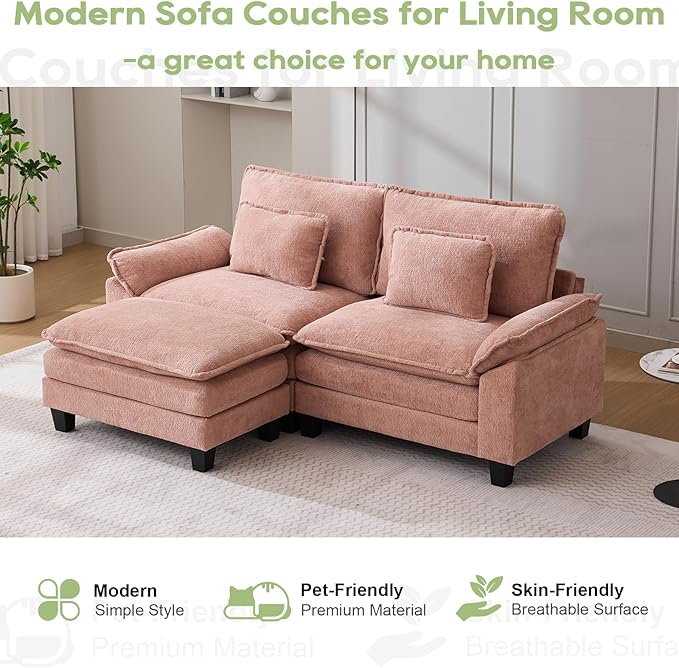 86" Modular Sectional Sofa, Comfy Cloud Couch Sectional Sofa with Ottoman, Chenille Sofa Sleeper Deep Seat Sofa with Throw Pillows for Living Room (Pink, 86"- L Shape)
