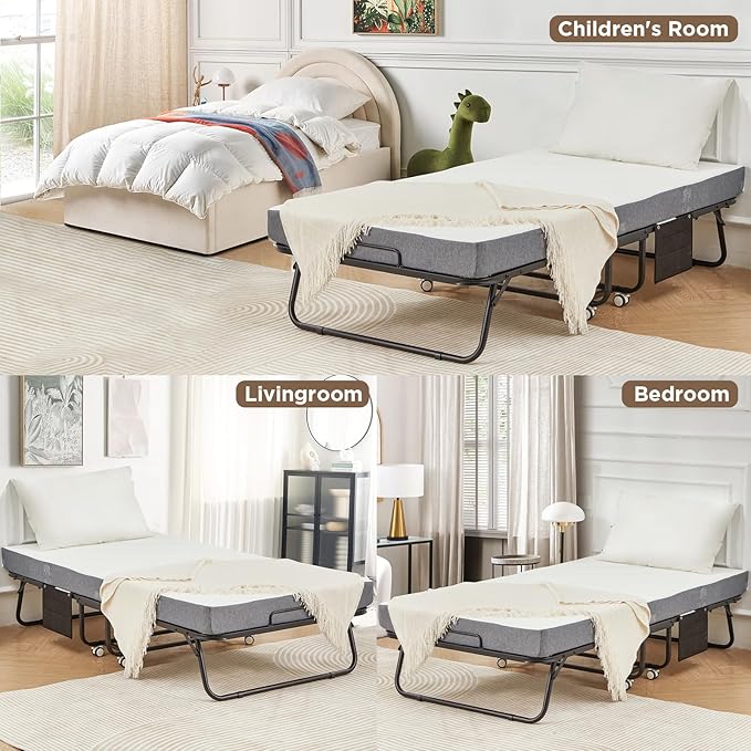 MELLCOM 75"x 38" Folding Bed with Mattress, Twin Size Portable Rollaway Guest Bed for Adults with 5 Inch Foam Mattress,Space-Saving Foldable Beds with Metal Frame&Bed Side Pocket