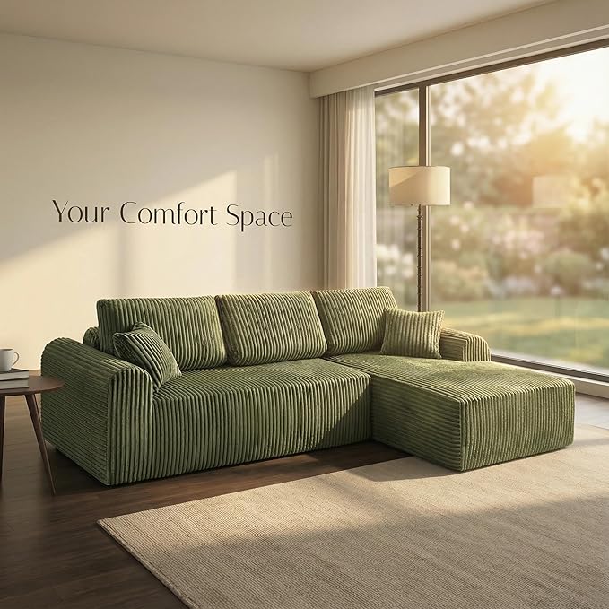 109“L-Shaped Sectional Sofa Boneless Couch Upholstery Cloud Modular Couch with Chaise No Assembly Required Corduroy Fabric Combination Deep Seat Living Room Bedroom(Green, Right Hand Facing)