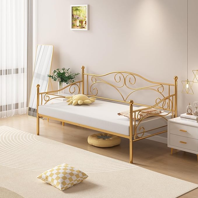 VECELO Daybed Frame, Twin Size Metal Platform Bed with Headboard,Heavy Duty Steel Slats Support for Living Room Bedroom Guest Room, Easy Assembly