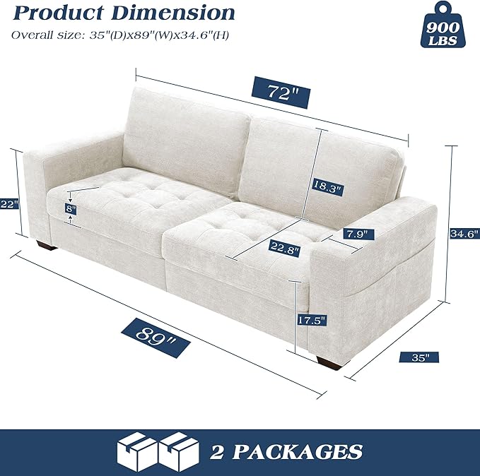 WorthFurni Sofas for Living Room, Chenille Loveseat Couch Set, Small Modern Sofa, USB Charging, Removable Sofa Cover,Solid Wood Frame, Easy to Install(89inch,White)