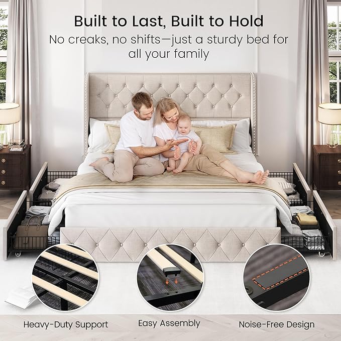 LARMACE King Size Bed Frame with 4 Storage Drawers and 47.2" Tall Tufted Headboard Linen Upholstered Platform Bed Frame Wingback Beds with Wooden Slats Support, Easy Assembly, Beige