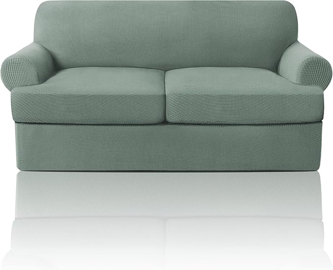 PrinceDeco T Cushion Loveseat Slipcover 3 Pieces Sofa Covers for T Cushion Sofa Stretch Slip Covers for 2 Cushion Couch with 2 Individual T Shape Seat Covers Width Up to 76"- Washable, Sage