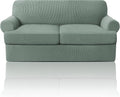 PrinceDeco T Cushion Loveseat Slipcover 3 Pieces Sofa Covers for T Cushion Sofa Stretch Slip Covers for 2 Cushion Couch with 2 Individual T Shape Seat Covers Width Up to 76"- Washable, Sage