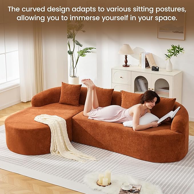 Boneless L Shaped Sofa Couch, Oversized Sectional Curved Cloud Sofa with Chaise Lounge, Chenille 4 Seats Deep Seat Couches for Living Room, No Assembly, Orange