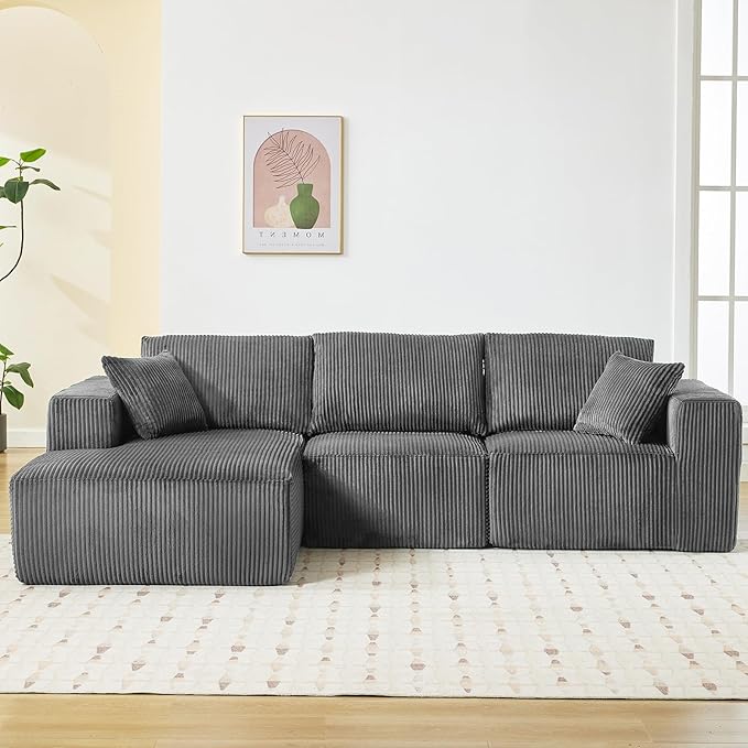 Sectional Cloud Boneless Couch 108" Modern Comfy L-Shape No Assembly Required Convertible Compression Sleeper Modular Sofa with Corduroy Fabric Deep Seat Loveseat + Chaise for Living Room
