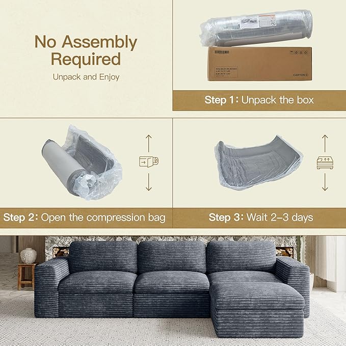 Belffin Boneless Cloud Modular Sectional Sofa 3-Seater L Shaped Couch with Ottoman Convertible Sofa Bed Plush Corduroy Cloud Sectional Couches for Living Room. Grey Sofa