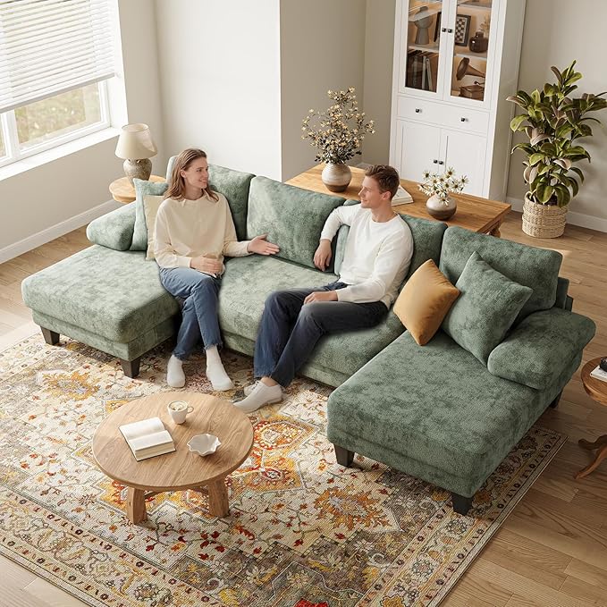 Txtin's Sleeper Sofa with Pull Out Couch Bed | 112 Inch Couches for Living Room | U-Shaped Convertible Sofa Bed | Chenille Green