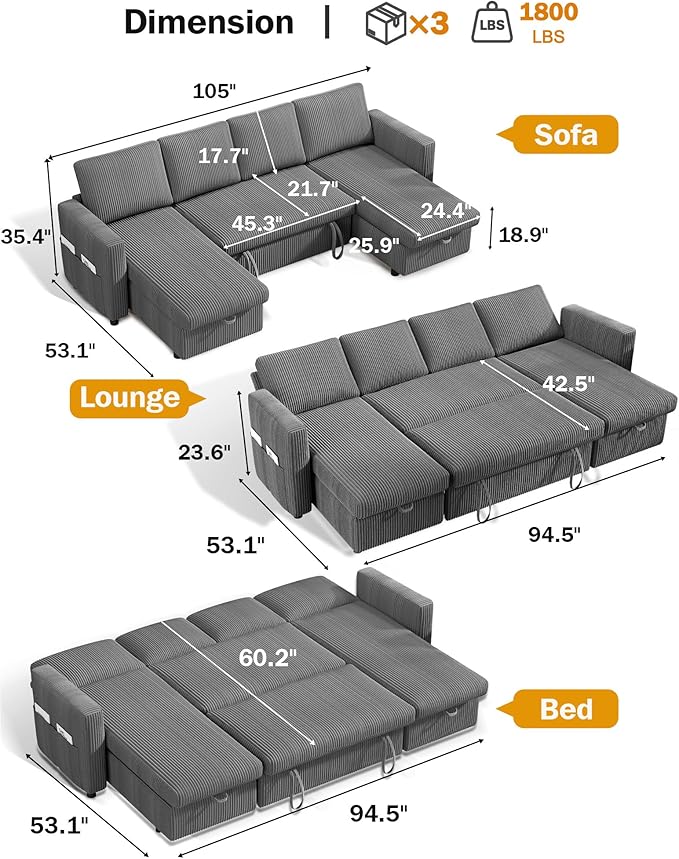 Vipbear 104" Sectional Sleeper Sofa Bed with Pull Out Bed, U Shaped Couch Pull Out Couch with Reclining Backrest, Reversible Storage Chaise, USB Ports, Tool-Free Assembly, Corduroy Grey