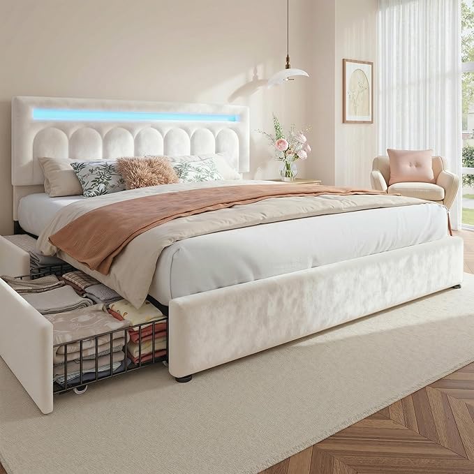 Homkdom King Size Bed Frame with 4 Storage Drawers, Upholstered King Bed Frame with Vertical Arched LED Headboard, Sturdy Wood Slats Support, No Box Spring Needed, Beige