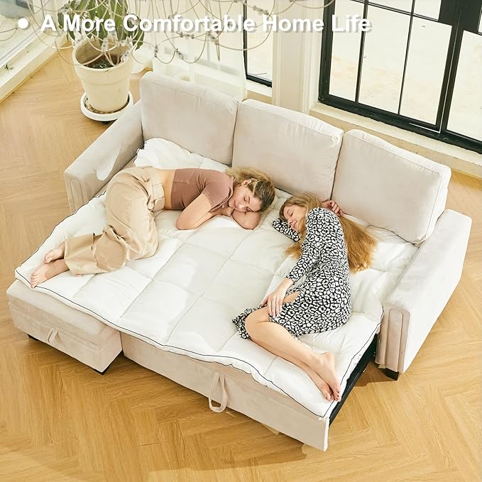 Belffin Modular Sectional Sleeper Sofa with Pull Out Bed Convertible Velvet Sleeper Sofa with Storage Sectional Couches for Living Room Beige