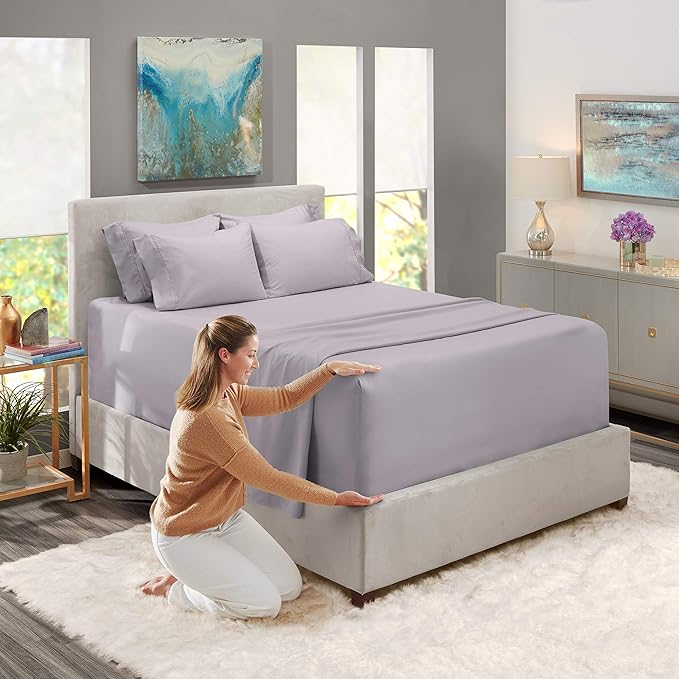 Hearth & Harbor Fits Mattress up to 21", Double Brushed Bedding Sheets & Pillowcases, Microfiber, Light Lavender, Split King Size