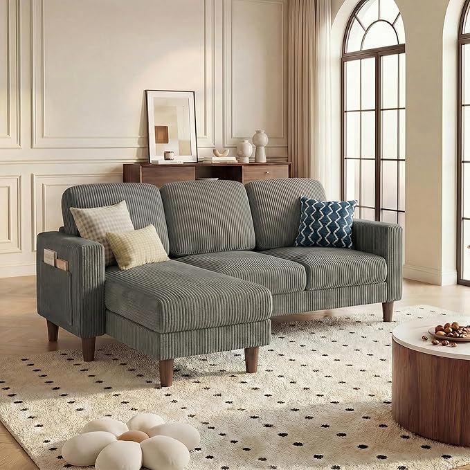 YESHOMY L-Shaped Sofa Couch, Small Couch with Reversible Chaise and Ottoman, Convertible Sectional Comfy 3 Seat Sofas with Side Pockets for Apartment and Living Room (Gray)