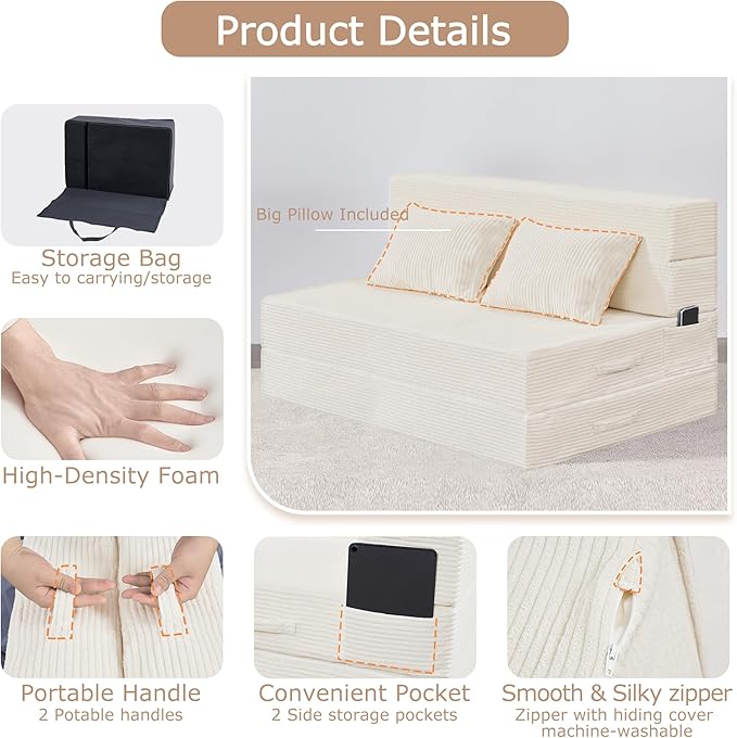 Folding Sofa Bed, 4 in 1 Convertible Sleeper Chair with Pillow, Twin Memory Foam Fold Out Chair Bed, Modern Floor Futon Sofa Couch Mattress for Living Room/Guest/Apartment, Beige | Fold out chair bed, Futon sofa bed, Extra bag included, All foam made, ...