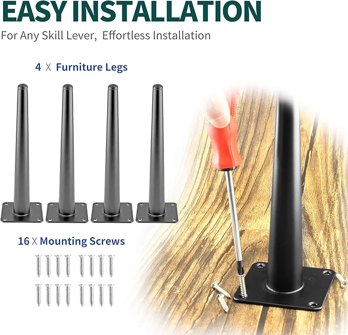4pcs 10 Inch Furniture Legs, Straight Conical Metal Legs Matte Black Mid-Century Style Furniture Feet for Sofa Cabinet Table Chair Cupboard Couch Ottoman Home DIY Projects