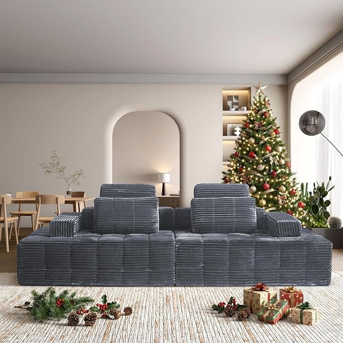 Modular Sectional Sofa with Movable Handrails, Straight-Row Boneless Sofa Sectional Couch for Living Room, Deep Seat Memory Foam Faux Rabbit Fur Fabric Sofa, No Assembly Required(Grey)