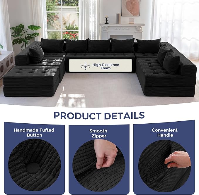 MAXYOYO Modular Sectional Sofa Couch, Foldable Oversized U Shaped Cloud Couch with Pillows, Tufted Boneless Sleeper Lounger Floor Sofa Bed for Living Room, No Assembly Required, Black