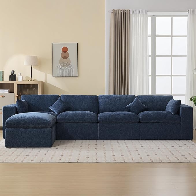 146''Cloud Boneless Sectional Couch, Modular Sectional Sofa Deep Seat with Ottoman, Oversized Upholstered Convertible Comfy 5 Seater Chenille Sofa L Shape Couches for Living Room, Navy