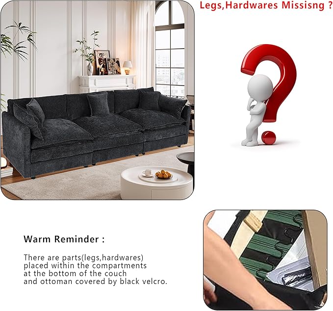 Setawix Chenille Cloud Couches for Living Room,3 Seater Cloud Sofa Couch with Deep Seat,112.2" Roomy Cloud Sofas,Modular Sectional 3 Seat Sofa with Pillows for Bedroom (Black, 3 Seater)