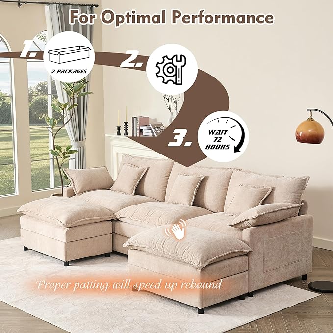 108" U Shaped Couch, Modular Sectional Sofa, 3-Seater Comfy Cloud Couch, Set of Modular Pieces with Movable Ottoman, Deep Seat Couches for Living Room, Chenille, Flat White