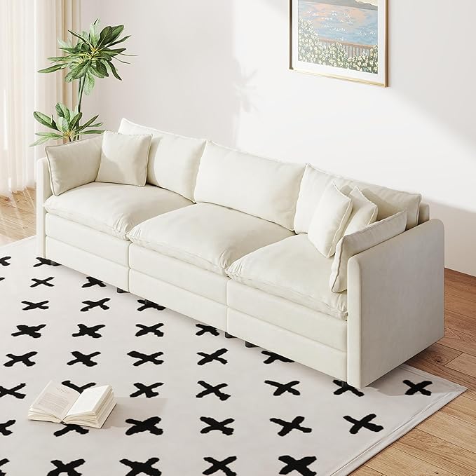 Setawix Chenille Cloud Couches for Living Room,3 Seater Cloud Sofa Couch with Deep Seat,112.2" Roomy Cloud Sofas,Modular Sectional 3 Seat Sofa with Pillows for Bedroom. (Beige, 3 Seater)
