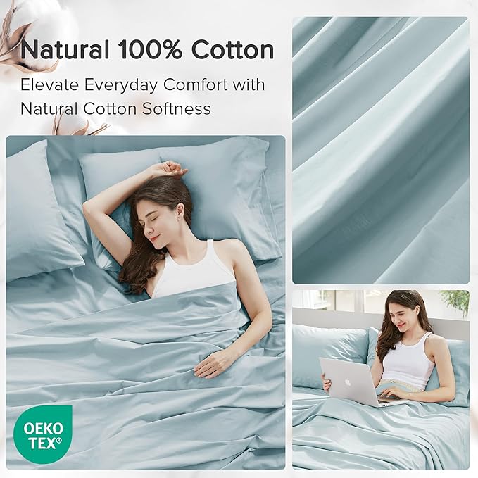 Comfort Spaces 100% Cotton Sheets Full, Breathable, Ultra Soft Cotton Sheets, Naturally Cool Cotton Bed Sheets with 14" Elastic Pocket Fits up to 16" Mattress, All Season Sheet Set, Light Blue 4 Piece