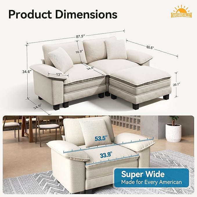 Sectional Loveseat with Ottoman, 87.5'' Oversized Chenille Love Seat Modular Sofa Couch with Pillow, 3-Seat Modern L Shaped Cloud Deep Seat for Bedroom Small Space, Beige
