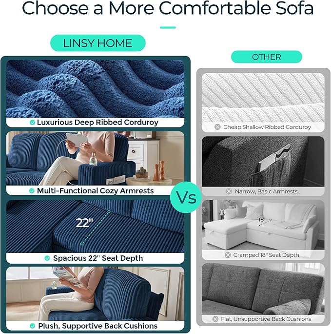 LINSY HOME Sleeper Sofa Bed with Pull Out Couch Modular Sectional Sofa (Blue, Sleeper Sofa 2) | Pull Out Sofa Bed, USB Charging, Cup Holders, Plush Corduroy, Storage