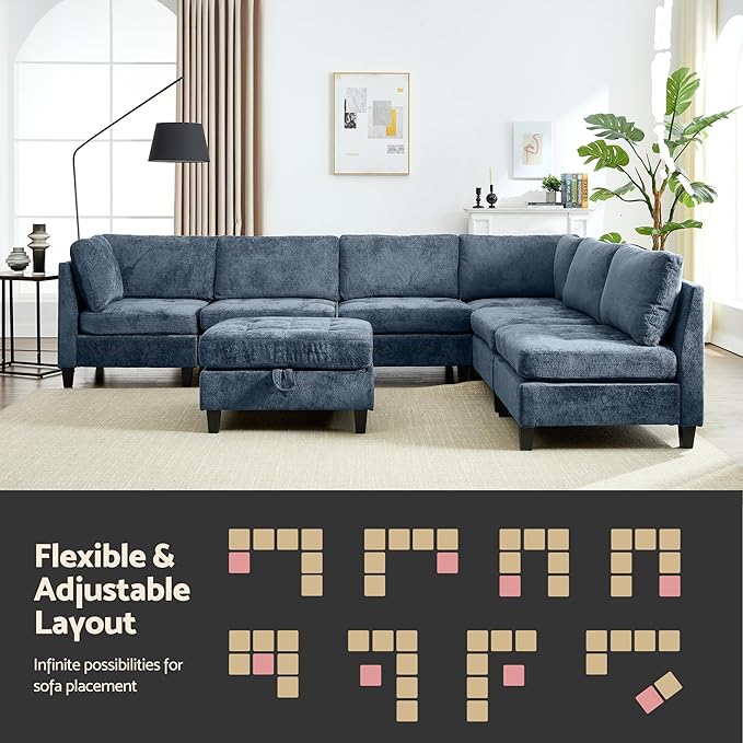 Luxe Oversized Modular Sectional Sofa, Modern Chenille Convertible Sleeper Sofa with Storage Ottoman, Comfy Deep Seat U-Shaped Cloud Couch for Living Room（Blue，6-Seater + 1*Ottoman）