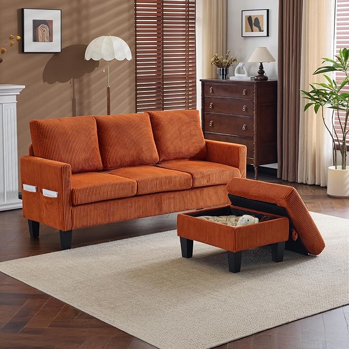 VINGLI 68.5' L Shaped Couch with Movable Storage Ottoman, Convertible Sectional Sofa in Soft Corduroy Fabric, Modern Reversible Chaise Couch for Small Spaces, Apartment, Living Room，Orange