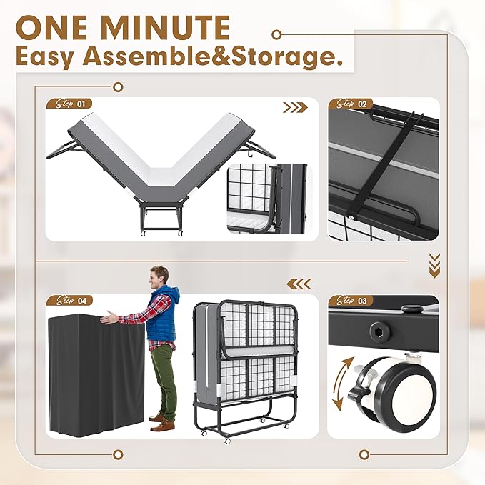 INTERGREAT Folding Bed with Mattress, 75.2" x 31.5" Portable Folding Bed for Adults, Foldable Bed with 5-inch Mattress for Guests, Heavy-Duty Steel Frame Supports Rollaway Bed for Easy Storage | Portable, For Adults, 5-inch Mattress, Heavy-Duty Steel, ...