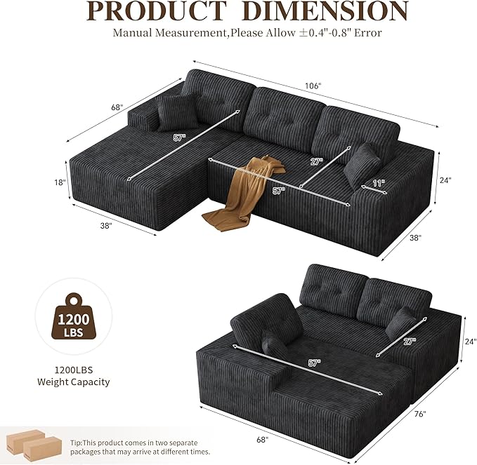 Ball & Cast 106" Boneless Sectional Sofa, Corduroy Modular L Shaped Couch with Deep Seat Chaise, Cloud Style Oversized Sofa for Living Room, No Assembly, Right Facing,Grey