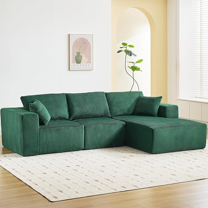 Sectional Cloud Boneless Couch 108" Modern Comfy L-Shape No Assembly Required Convertible Compression Sleeper Modular Sofa with Corduroy Fabric Deep Seat Loveseat + Chaise for Living Room