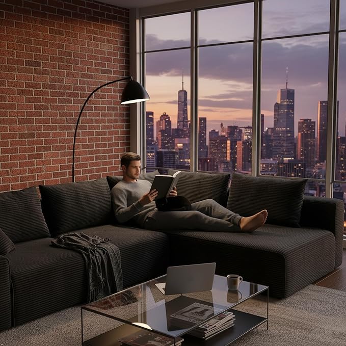 97" L-Shaped Cloud Boneless Couch with Deep Seat, Modular Sectional Sofa with Chaise, Flexible Module Combination for Living Room, Bedroom No Assembly (Black, Right Facing Chaise)