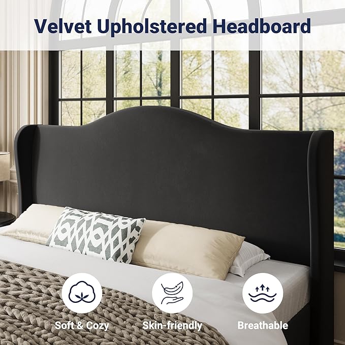 Allewie King Size Bed Frame, Upholstered Wingback Platform with 47" Tall Tufted Headboard, Plush Velvet Fabric, Modern Minimalist Design, No Box Spring Required, Tool-Free Assembly, Black