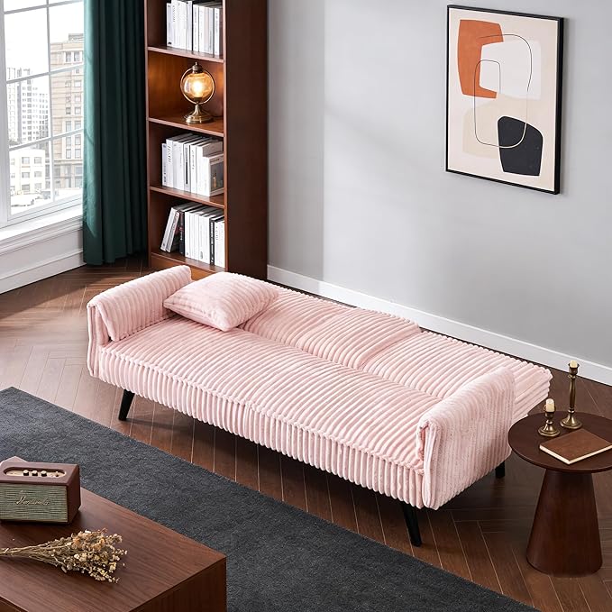 72” Convertible Sofa Bed with Foldable Cup Holder,Straight-line Corduroy Sofa,Suitable for Living Room,Bedroom,Office,Pink