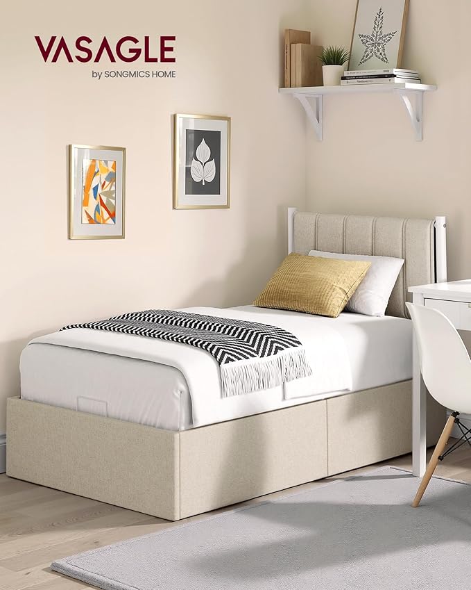 VASAGLE Lift Up Storage Bed Frame Twin Size, Hydraulic Platform Bed, with Upholstered Headboard, 550 lb Weight Capacity, No Box Spring Needed, Easy Assembly, Modern, Cappuccino Beige URMB603W01